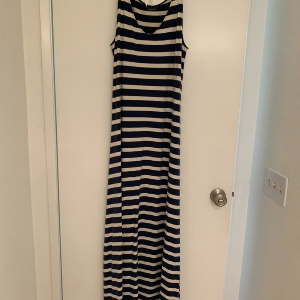 GARNET HILL BLUE/WHITE STRIPED JERSEY MAXI TANK DRESS-MEDIUM